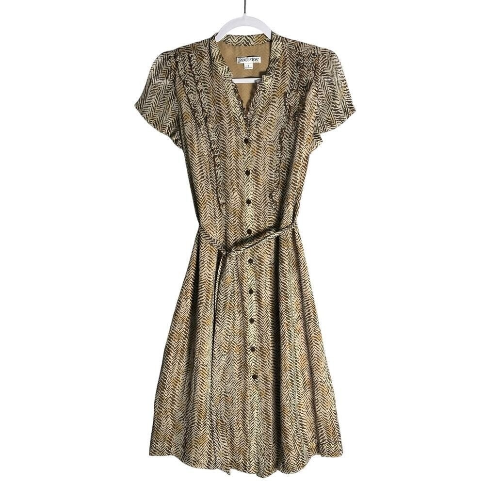 Pendleton Sz 4 Animal Print 100% Silk Midi Dress Button Front Belted Ruffle Trim
